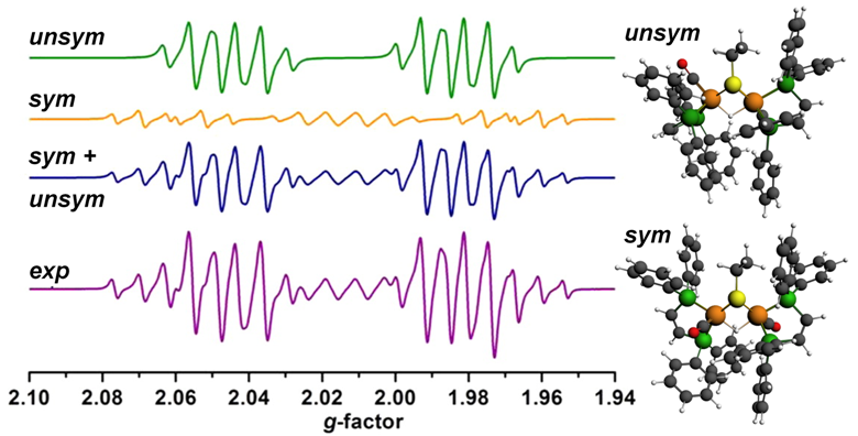 Experimental and DFT EPR spectrum of mixed-valence diiron hydride