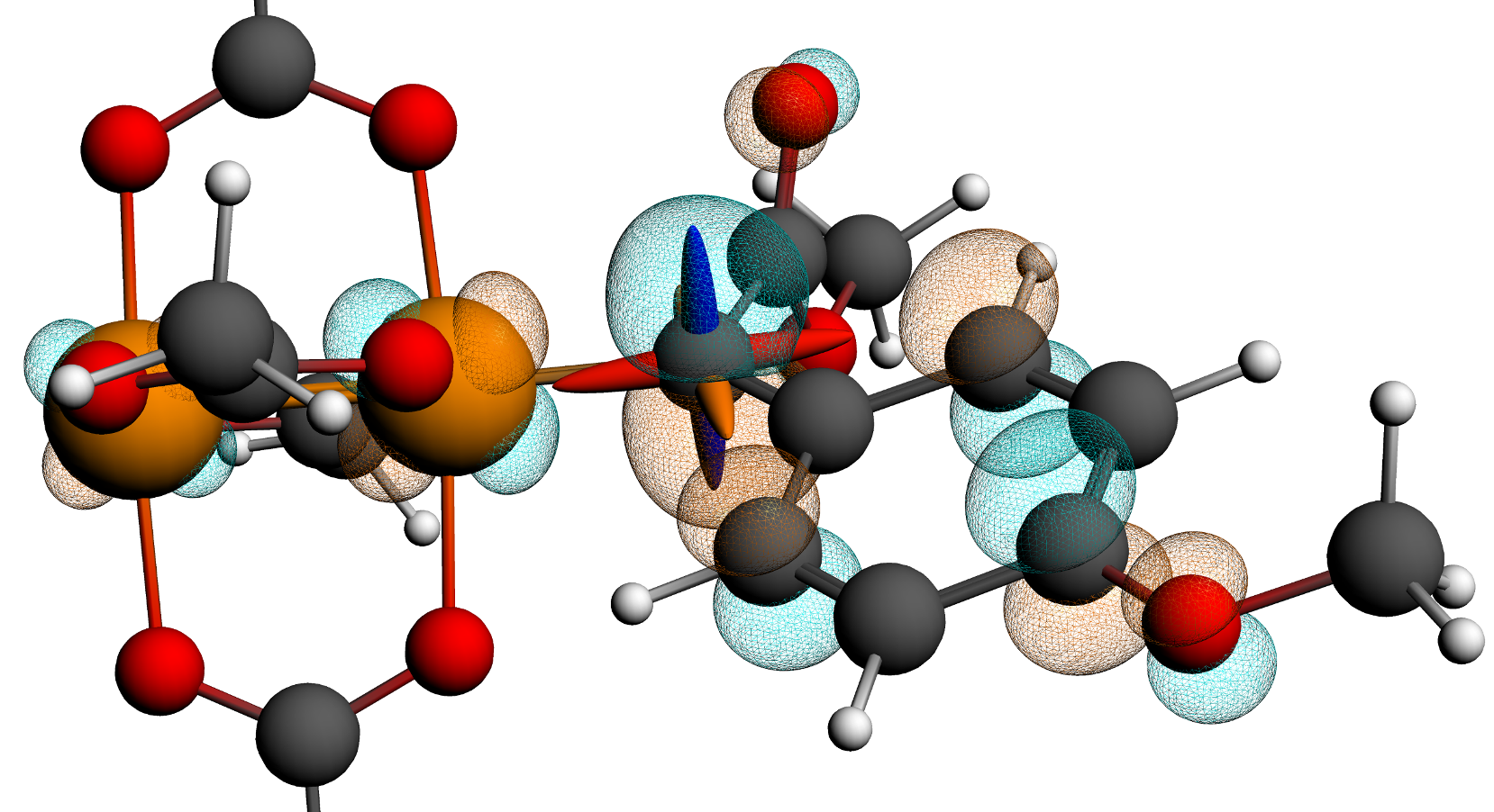 13C NMR shielding tensor and LUMO of model dirhodium carbene complex